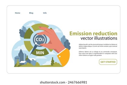 Hand magnifying CO2 with a mission to minimize. Cityscape background, lush greenery underlines the urgency of emission reduction for a sustainable future. Flat vector illustration.