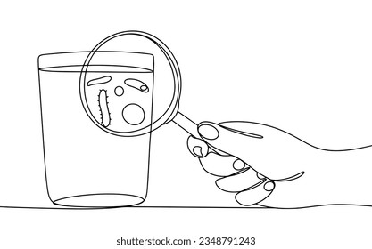 A hand with a magnifying glass aiming at a glass of water. Water quality research. World Water Monitoring Day. One line drawing for different uses. Vector illustration.