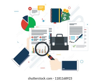 Hand with magnifying glass, analysis of documents with charts. Calculations of rate, investment and tax. Concept of financial investment, analytics with growth report. Flat design vector illustration.