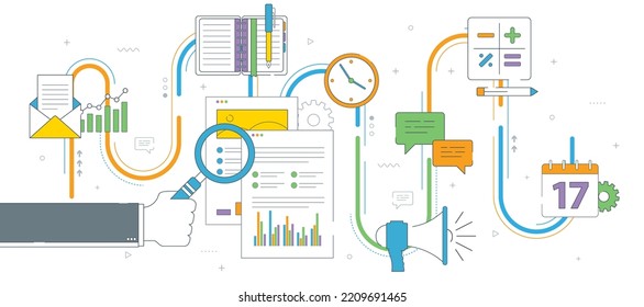 Hand mit Lupe, Analyse von Dokumenten mit Diagrammen. Berechnung von Satz, Investition und Steuer. Konzept der Finanzinvestitionen, Analyse mit Wachstumsbericht. Dünne Vektorgrafik.