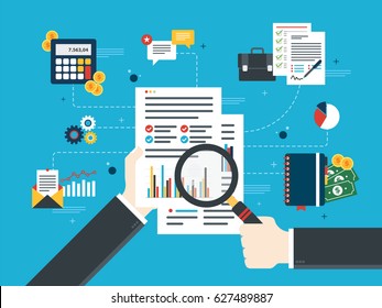 Hand with magnifying glass, analysis of documents with charts. Calculations of rate, investment and tax. Concept of financial investment, analytics with growth report. Flat design vector illustration.