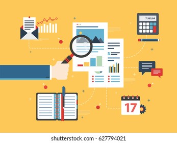 Hand with magnifying glass, analysis of documents with charts. Calculations of rate, investment and tax. Concept of financial investment, analytics with growth report. Flat design vector illustration.