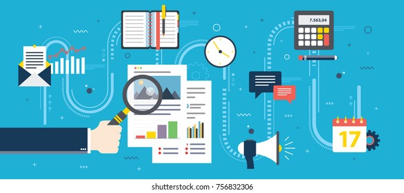 Hand with magnifying glass, analysis of documents with charts. Calculations of rate, investment and tax. Concept of financial investment, analytics with growth report. Flat design vector illustration.