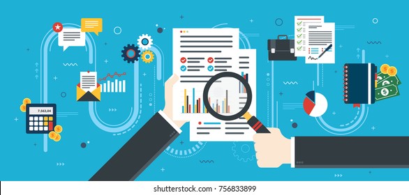 Hand with magnifying glass, analysis of documents with charts. Calculations of rate, investment and tax. Concept of financial investment, analytics with growth report. Flat design vector illustration.