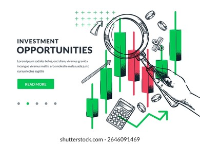 Hand with magnifying glass analyzing stock market candlesticks. Vector collage illustration of trading, investment, financial research, risk and strategy concept