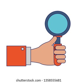 Hand with magnifying glass blue lines