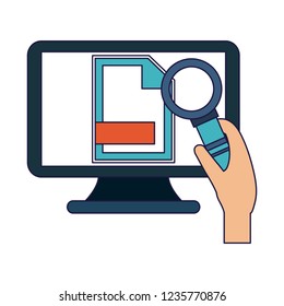 Hand with magnifying glass checking computer