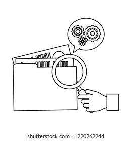 Hand with magnifying glass checking folder black and white