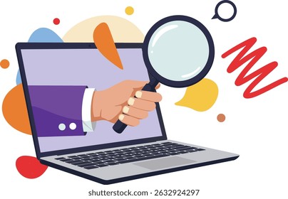 A hand with a magnifying glass comes out of a laptop monitor. Symbol of a research. Modern photo collage style.