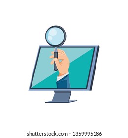hand with magnifying glass and desktop computer