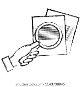 hand with magnifying glass and documents