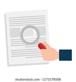 hand with magnifying glass and documents