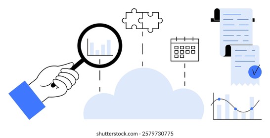 Hand with magnifying glass examining data. Includes puzzle piece, cloud, calendar, receipts, document with checkmark, and graph. Ideal for data analytics, cloud services, time management, finance