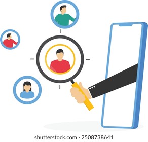 Hand with magnifying glass focus on online customer. Flat vector illustration

