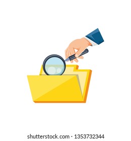 hand with magnifying glass and folder