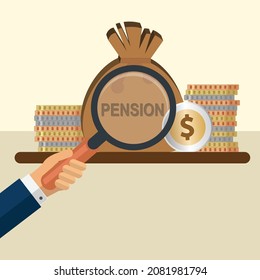 Hand with magnifying glass in front of a sack with the text pension