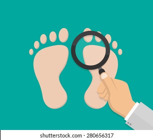 Hand with magnifying glass inspecting foot - medical inspection concept - Flat style