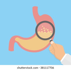 Hand with magnifying glass inspecting stomach. Medical inspection concept. Vector illustration in flat style