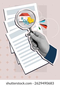 Hand with a magnifying glass look at the house with stack of coins and percent symbol on a paper documents background - real estate valuation. Modern collage style. Vector illustration