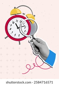 Hand with a magnifying glass look at the red classic alarm clock. Modern collage style. Vector illustration