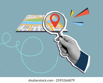 Hand with a magnifying glass look at the red pin mark on the map. Modern collage style. Vector illustration