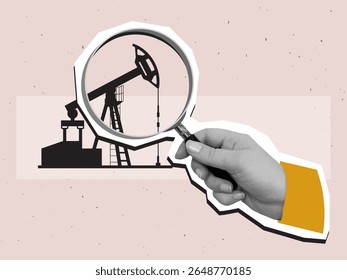 Hand with a magnifying glass look at silhouette of oil drilling derrick. Modern photo collage style. Vector illustration