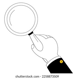 Una mano con una lupa está buscando algo. Ilustración vectorial, icono, elemento de diseño sobre el tema de búsqueda.