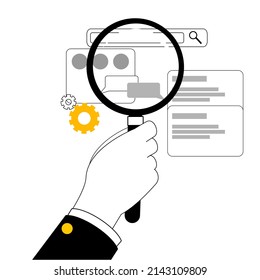 A hand with a magnifying glass looks for errors in a mobile application. Vector illustration on the topic of mobile development and testing.