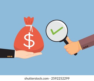 Hand with magnifying glass money. Business Finance. Flat, Vector, Illustration, Cartoon, EPS10.