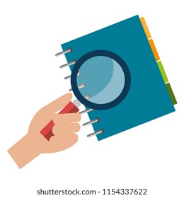 hand with magnifying glass and notebook