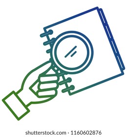 hand with magnifying glass and notebook