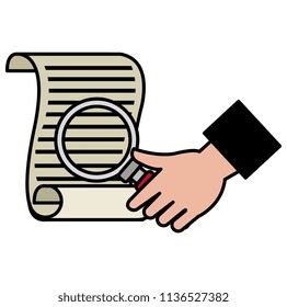 hand with magnifying glass and parchment