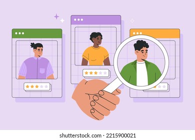 Hand with magnifying glass pointing best candidate. Hr manager searching online new employee. Resume analysis. Hand drawn vector illustration isolated on purple background, modern flat cartoon style.