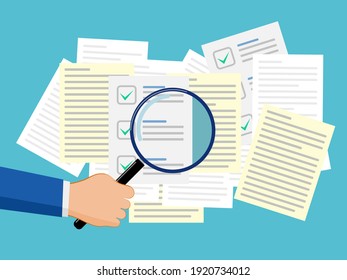 Hand with a magnifying glass to search for important documents