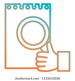 hand with magnifying glass and sheet notebook