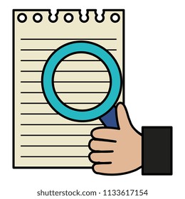 hand with magnifying glass and sheet notebook