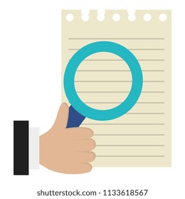 hand with magnifying glass and sheet notebook