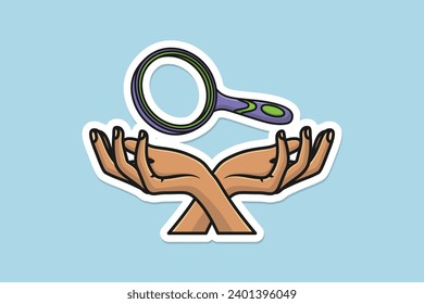 Hand with Magnifying Glass Sticker design vector illustration. People technology searching objects icon concept. Round shape magnifying glass and people hands sticker design icons logo.