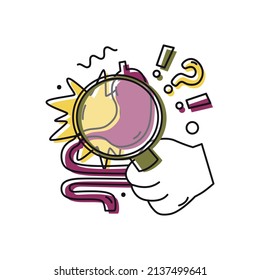 Hand with magnifying glass. Study of the digestive system. Fast-food or healthy food concept. Choosing the Right Nutrition. Refusal of sweet and junk food. Flat style in vector illustration. Isolated