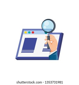 hand with magnifying glass and template webpage