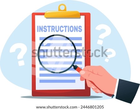 Hand with a magnifying glass and the text of the instructions, close examination of the text
