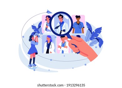 Hand with magnifying glass and woman with binocular searching best doctor. Flat illustration isolated on white background.