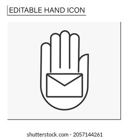  Icono de la mano con línea de correo. Mensaje sin leer. Concepto Carta.Mano. Ilustración vectorial aislada. Trazo editable