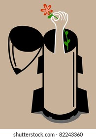 hand maintains a flower within a war bomb