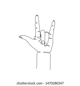 Hand make goat continuous line drawing, ILY, two fingers up single line on a white background, isolated vector illustration. Tattoo, print and logo design. Rock and roll gesture rocker sign.