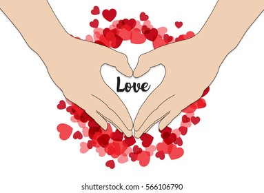 hand make heart shape Happy Valentine's Day on red heart surrounding on the hand