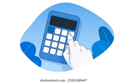 Hand makes calculations using calculator. Simple outline style. Vector illustration