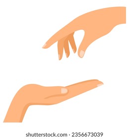 Hand makes a gesture like handing some kind of hanging object as keys to the other outstretched hand isolated on a white background. Mockup with empty copy space for a intended object. Handover