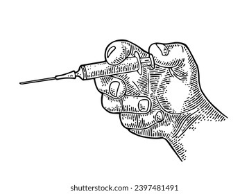 Hand makes an injection with a syringe. Engraving vintage vector black illustration isolated on white. 