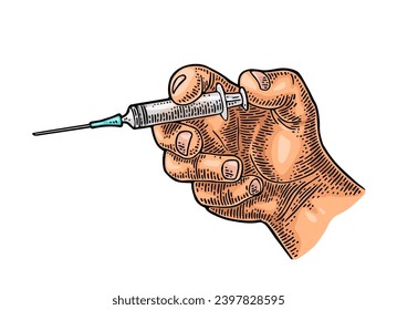 La mano se inyecta con una jeringa. Grabando la ilustración vectorial vintage de color aislada en blanco. 